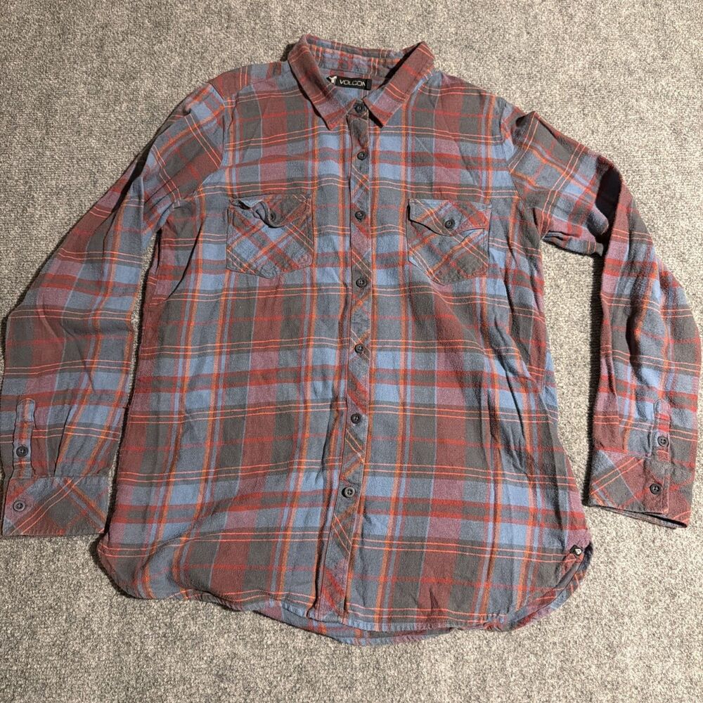 Volcom Shirt Mens Large Blue Plaid Flannel Long Sleeve Button Up Casual